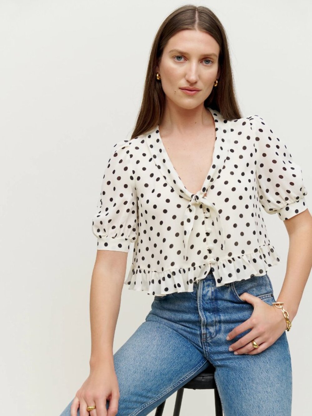 Reformation Sloane Cream Blouse with Black Polka Dots and Tie Front